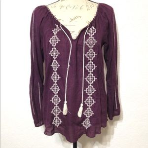Lucky Brand Tassel Tie Tunic Top w/ Embroidery